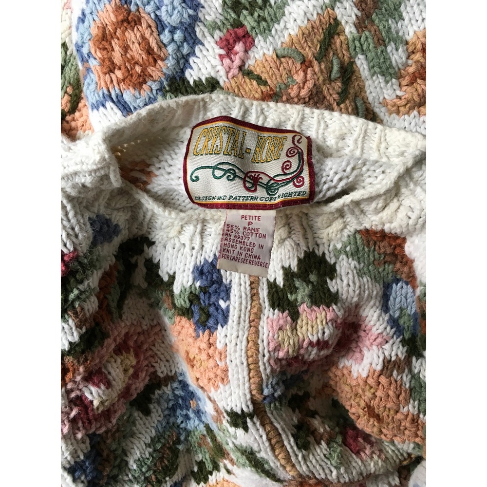 Cristal-Kobe Vintage Floral Tapestry Chunky Knit Sweater Petite Cream Multi 90s - Picture 10 of 14
